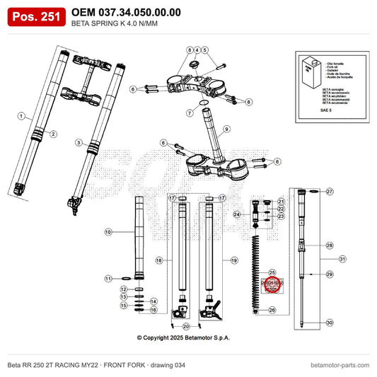BETA SPRING K 4.0 N/MM – OEM 037.34.050.00.00, position 251 on the Beta RR 250 2T RACING MY22 front fork drawing