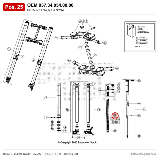 BETA SPRING K 4.4 N/MM – OEM 037.34.054.00.00, position 25 on the Beta RR 250 2T RACING MY22 front fork drawing