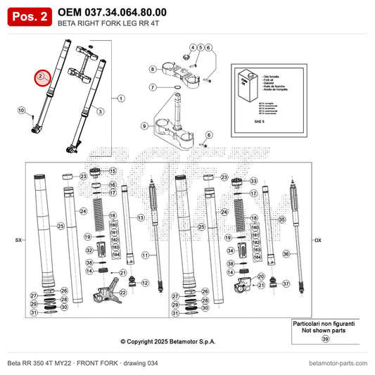 BETA RIGHT FORK LEG RR 4T – OEM 037.34.064.80.00, position 2 on the Beta RR 350 4T MY22 front fork drawing