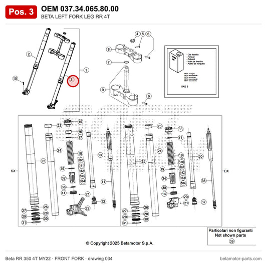 BETA LEFT FORK LEG RR 4T – OEM 037.34.065.80.00, position 3 on the Beta RR 350 4T MY22 front fork drawing