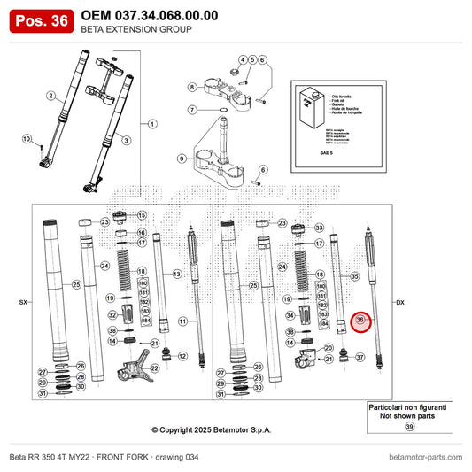 BETA EXTENSION GROUP – OEM 037.34.068.00.00, position 36 on the Beta RR 350 4T MY22 front fork drawing