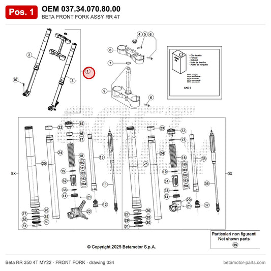 BETA FRONT FORK ASSY RR 4T – OEM 037.34.070.80.00, position 1 on the Beta RR 350 4T MY22 front fork drawing