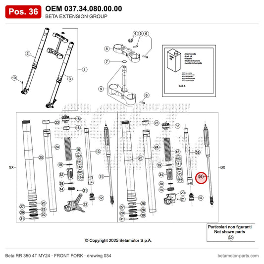 BETA EXTENSION GROUP – OEM 037.34.080.00.00, position 36 on the Beta RR 350 4T MY24 front fork drawing