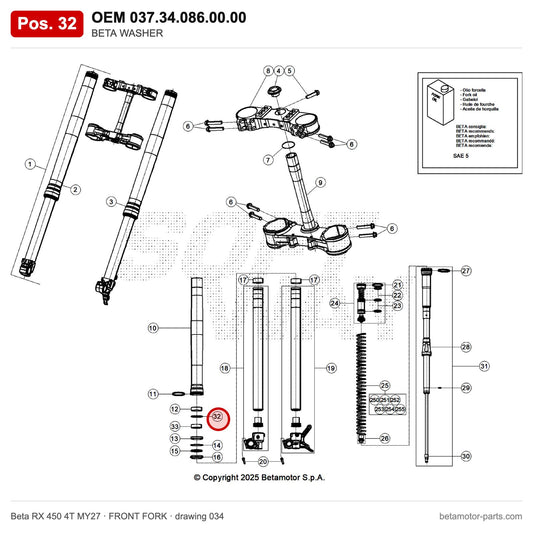 BETA WASHER – OEM 037.34.086.00.00, position 32 on the Beta RX 450 4T MY27 front fork drawing