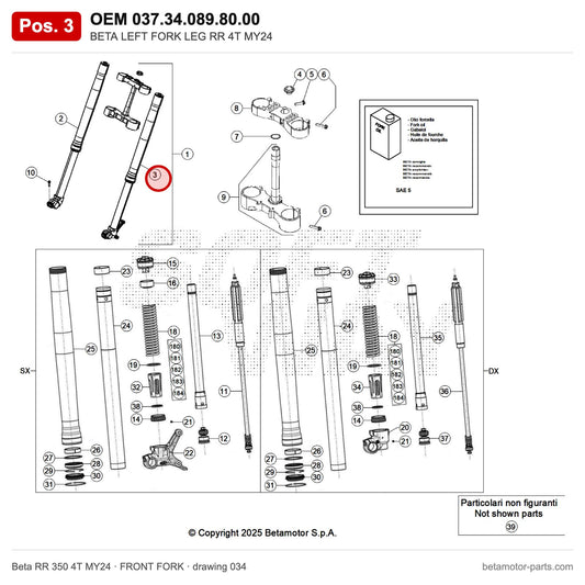 BETA LEFT FORK LEG RR 4T MY24 – OEM 037.34.089.80.00, position 3 on the Beta RR 350 4T MY24 front fork drawing