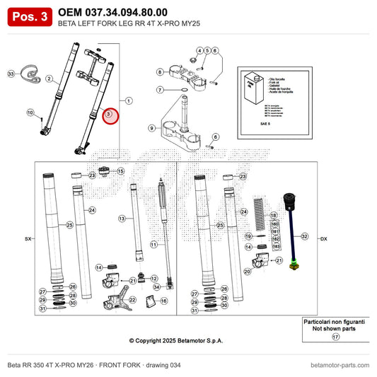 BETA LEFT FORK LEG RR 4T X-PRO MY25 – OEM 037.34.094.80.00, position 3 on the Beta RR 350 4T X-PRO MY26 front fork drawing