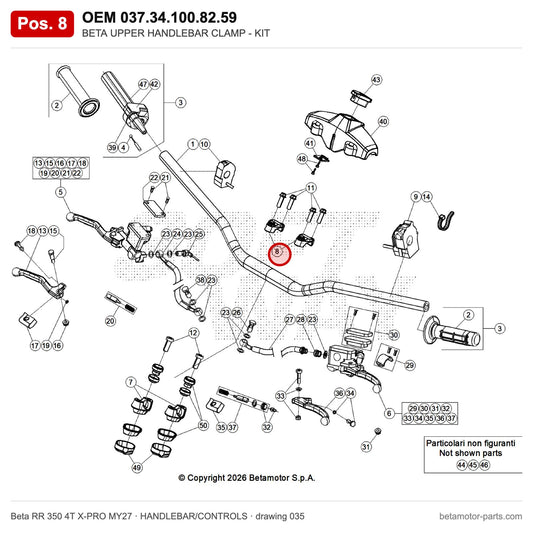 BETA UPPER HANDLEBAR CLAMP - KIT – OEM 037.34.100.82.59, position 8 on the Beta RR 350 4T X-PRO MY27 handlebar/controls drawing