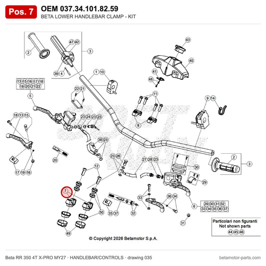 BETA LOWER HANDLEBAR CLAMP - KIT – OEM 037.34.101.82.59, position 7 on the Beta RR 350 4T X-PRO MY27 handlebar/controls drawing