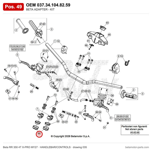 BETA ADAPTER - KIT – OEM 037.34.104.82.59, position 49 on the Beta RR 350 4T X-PRO MY27 handlebar/controls drawing