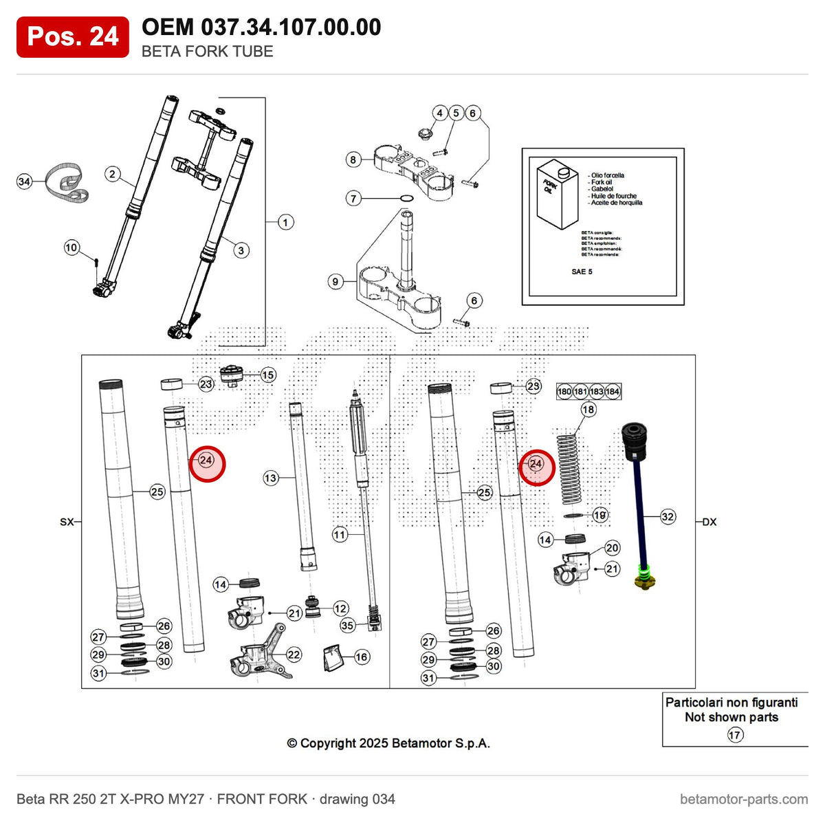 BETA FORK TUBE – OEM 037.34.107.00.00, position 24 on the Beta RR 250 2T X-PRO MY27 front fork drawing