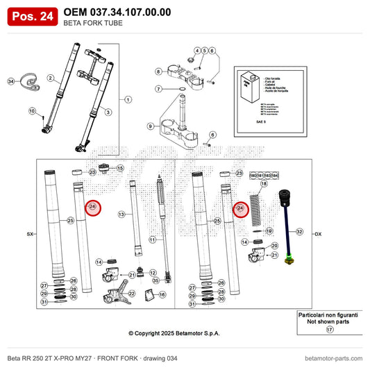BETA FORK TUBE – OEM 037.34.107.00.00, position 24 on the Beta RR 250 2T X-PRO MY27 front fork drawing