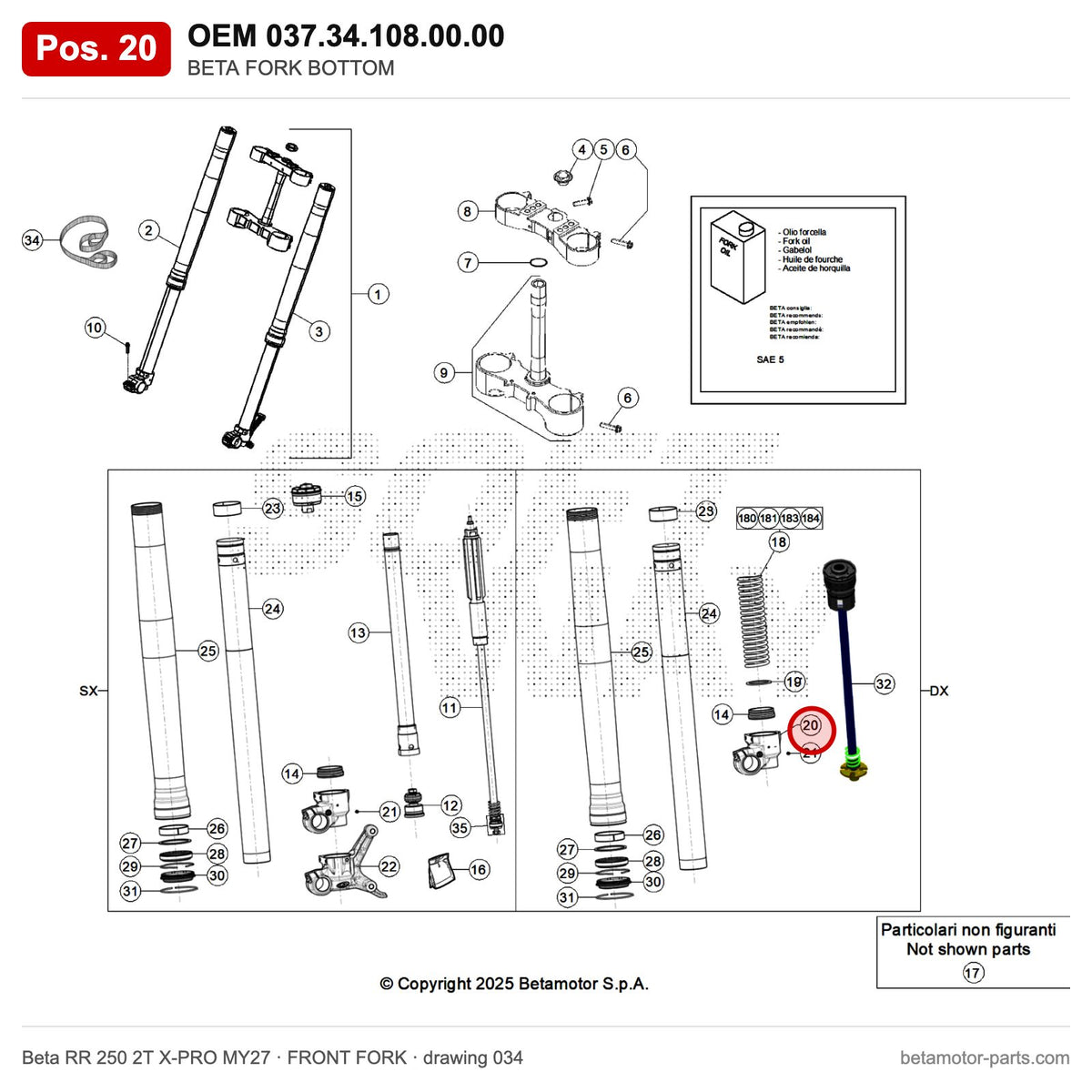 BETA FORK BOTTOM – OEM 037.34.108.00.00, position 20 on the Beta RR 250 2T X-PRO MY27 front fork drawing