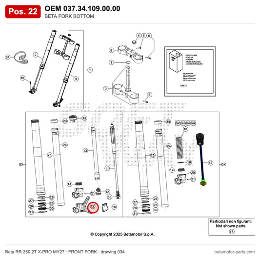 BETA FORK BOTTOM_1 – OEM 037.34.109.00.00, position 22 on the Beta RR 250 2T X-PRO MY27 front fork drawing
