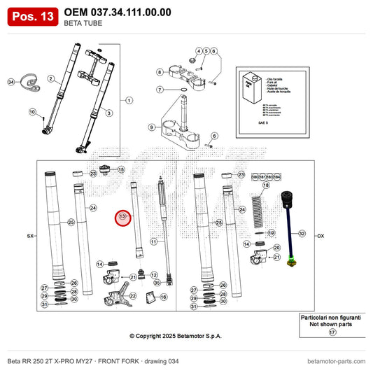 BETA TUBE – OEM 037.34.111.00.00, position 13 on the Beta RR 250 2T X-PRO MY27 front fork drawing
