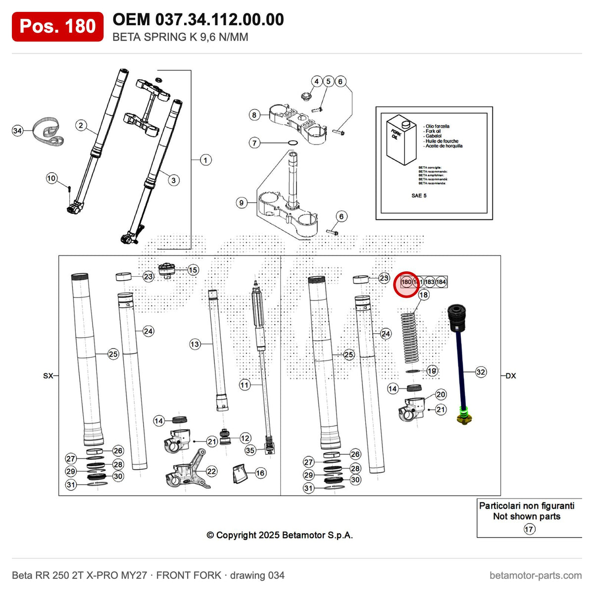 BETA SPRING K 9,6 N/MM – OEM 037.34.112.00.00, position 180 on the Beta RR 250 2T X-PRO MY27 front fork drawing