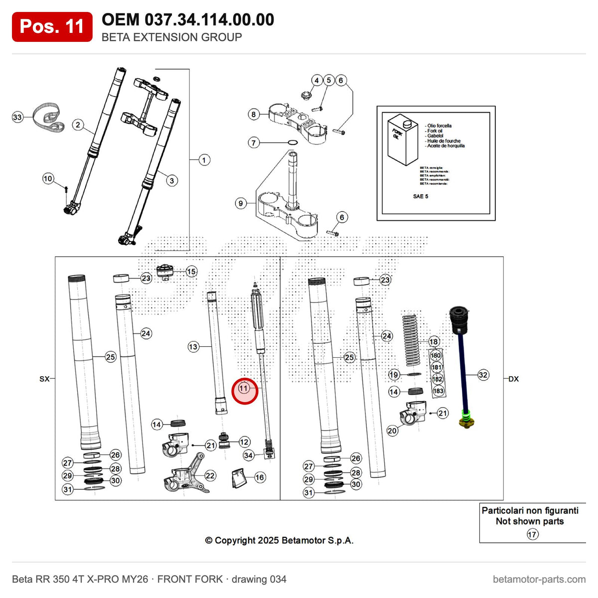 BETA EXTENSION GROUP – OEM 037.34.114.00.00, position 11 on the Beta RR 350 4T X-PRO MY26 front fork drawing