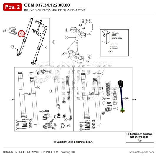 BETA RIGHT FORK LEG RR 4T X-PRO MY26 – OEM 037.34.122.80.00, position 2 on the Beta RR 350 4T X-PRO MY26 front fork drawing