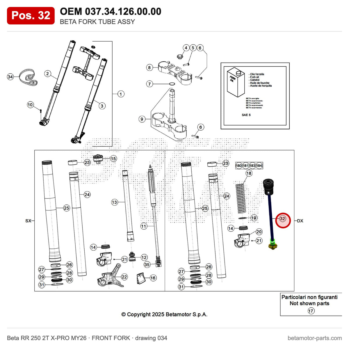 BETA FORK TUBE ASSY – OEM 037.34.126.00.00, position 32 on the Beta RR 250 2T X-PRO MY26 front fork drawing