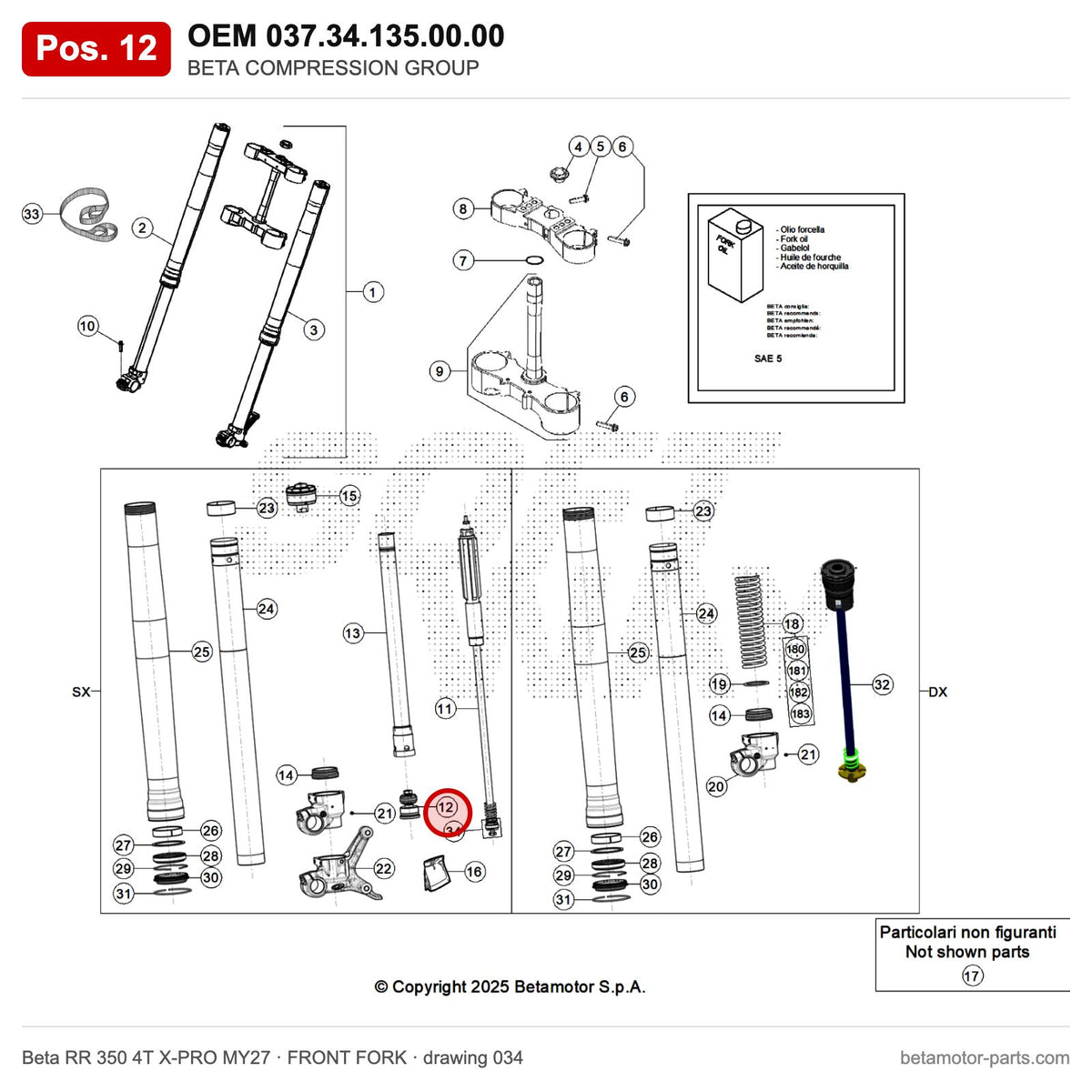 BETA COMPRESSION GROUP – OEM 037.34.135.00.00, position 12 on the Beta RR 350 4T X-PRO MY27 front fork drawing