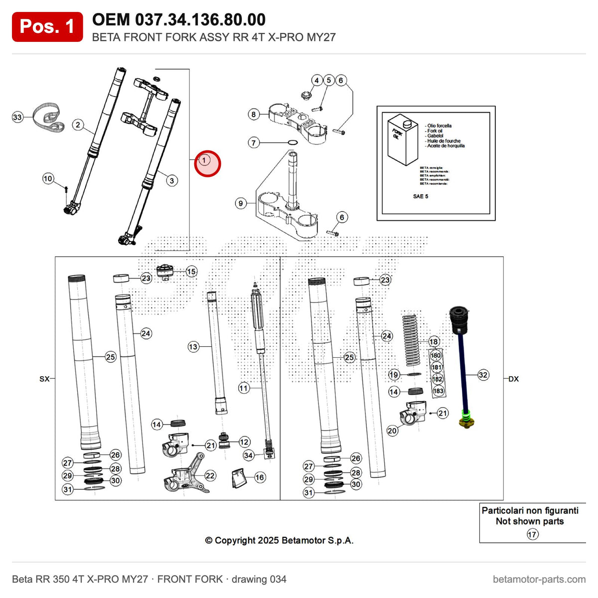 BETA FRONT FORK ASSY RR 4T X-PRO MY27 – OEM 037.34.136.80.00, position 1 on the Beta RR 350 4T X-PRO MY27 front fork drawing