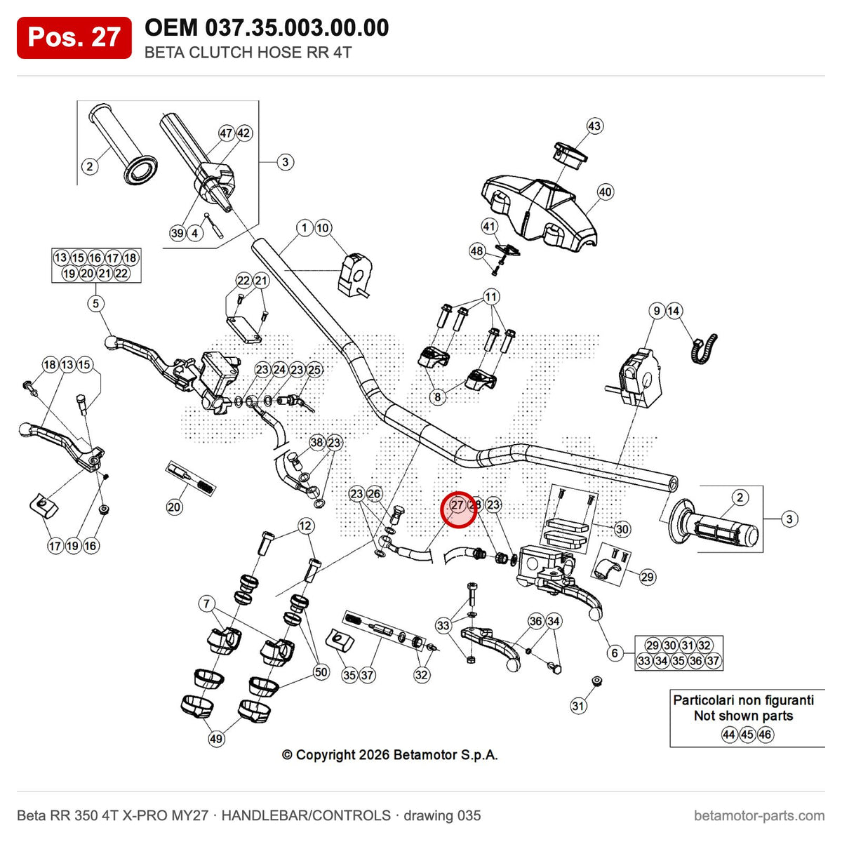 BETA CLUTCH HOSE RR 4T – OEM 037.35.003.00.00, position 27 on the Beta RR 350 4T X-PRO MY27 handlebar/controls drawing