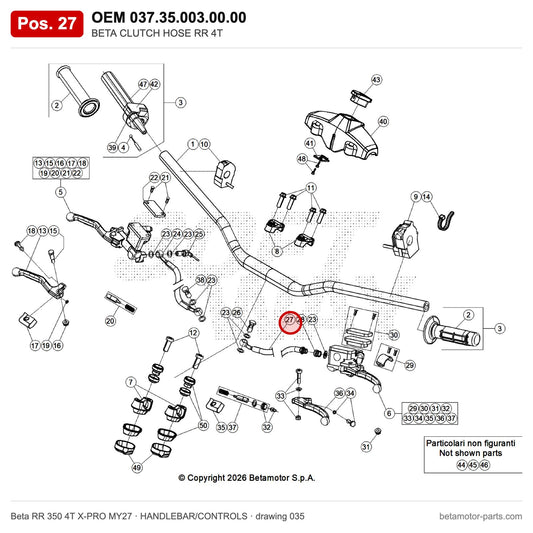 BETA CLUTCH HOSE RR 4T – OEM 037.35.003.00.00, position 27 on the Beta RR 350 4T X-PRO MY27 handlebar/controls drawing