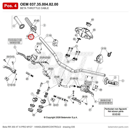 BETA THROTTLE CABLE – OEM 037.35.004.82.00, position 4 on the Beta RR 350 4T X-PRO MY27 handlebar/controls drawing