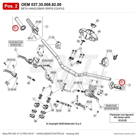 BETA HANDLEBAR GRIPS COUPLE – OEM 037.35.008.82.00, position 2 on the Beta RR 350 4T X-PRO MY27 handlebar/controls drawing