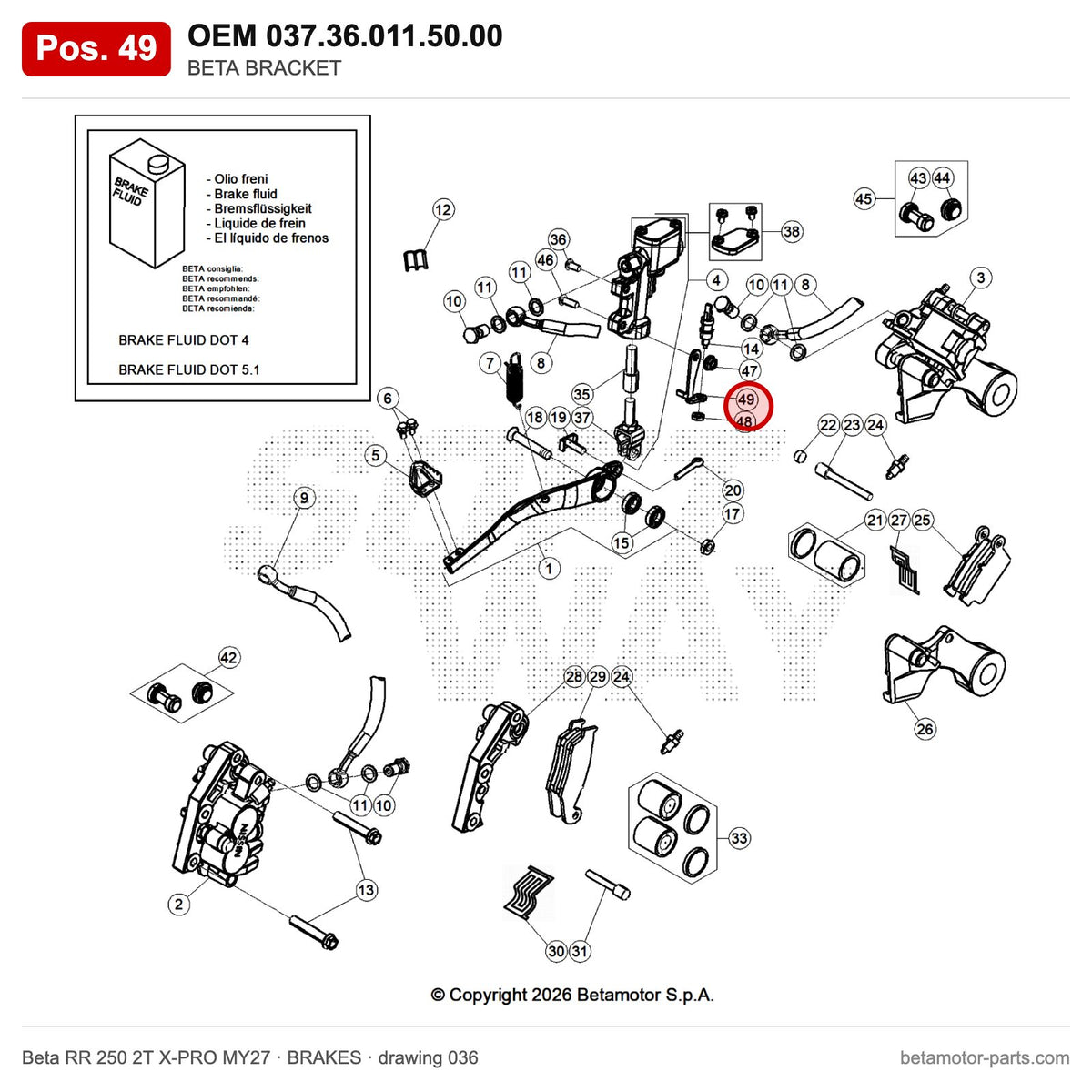 BETA SWITCH BRACKET – OEM 037.36.011.50.00, position 49 on the Beta RR 250 2T X-PRO MY27 brakes drawing