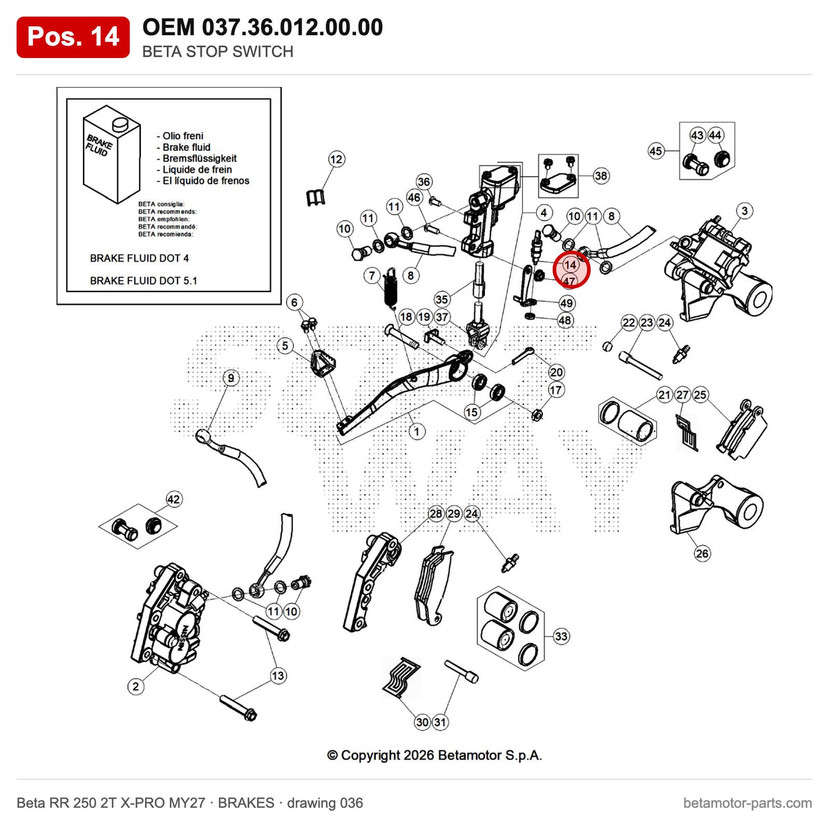 BETA TURN OFF SWITCH – OEM 037.36.012.00.00, position 14 on the Beta RR 250 2T X-PRO MY27 brakes drawing