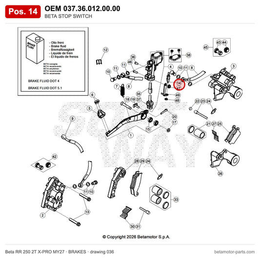 BETA TURN OFF SWITCH – OEM 037.36.012.00.00, position 14 on the Beta RR 250 2T X-PRO MY27 brakes drawing