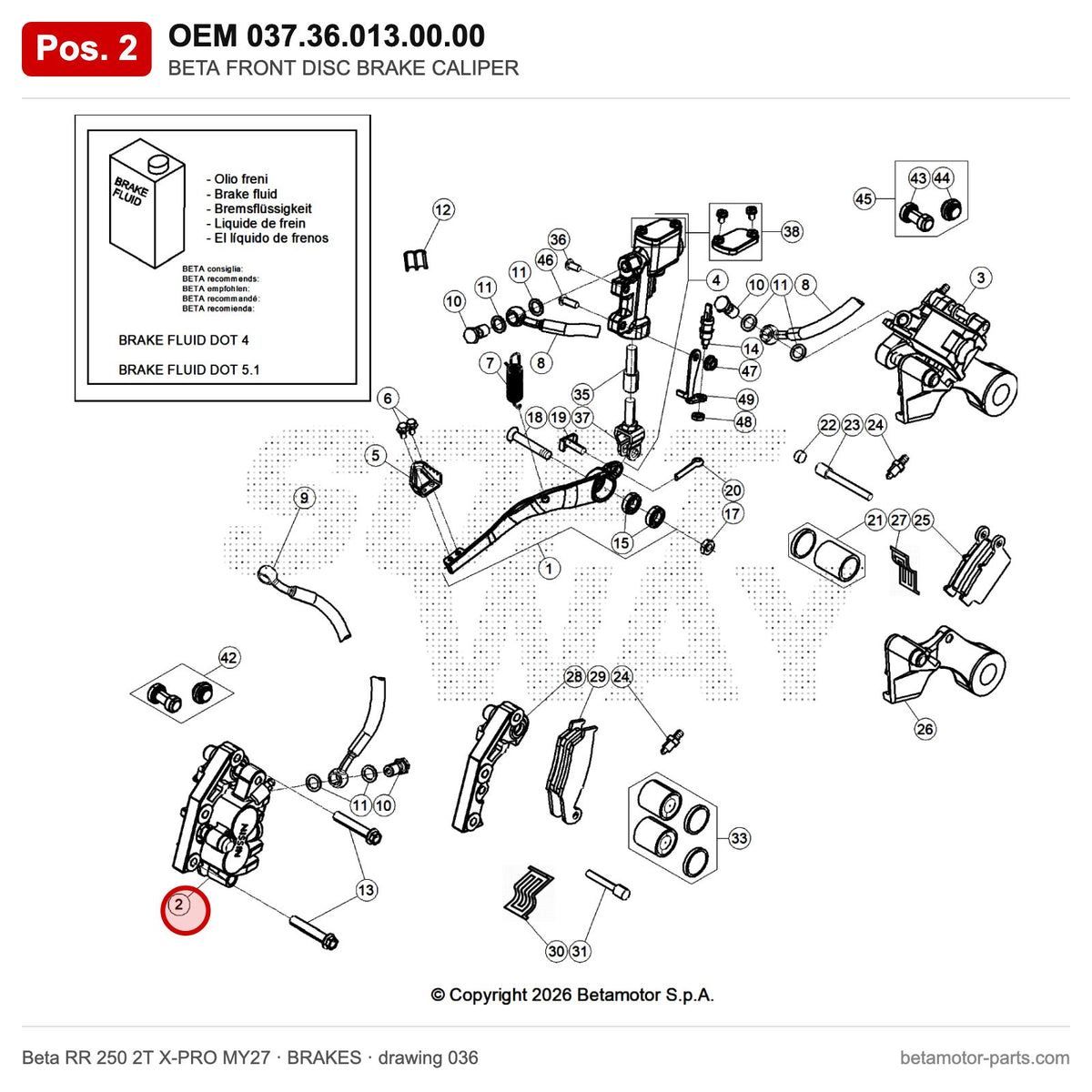 BETA FRONT BRAKE CALIPER – OEM 037.36.013.00.00, position 2 on the Beta RR 250 2T X-PRO MY27 brakes drawing