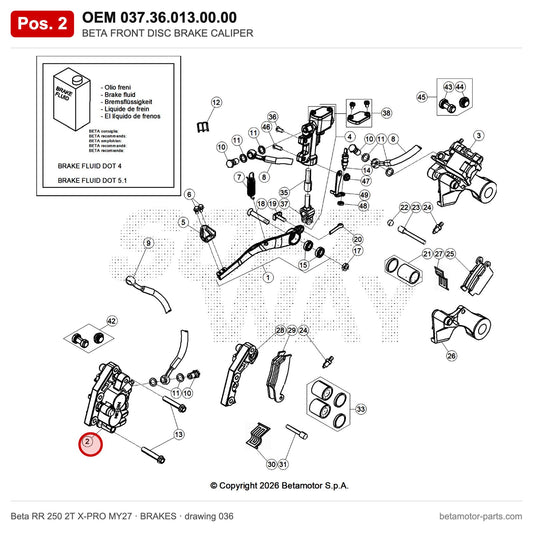 BETA FRONT BRAKE CALIPER – OEM 037.36.013.00.00, position 2 on the Beta RR 250 2T X-PRO MY27 brakes drawing