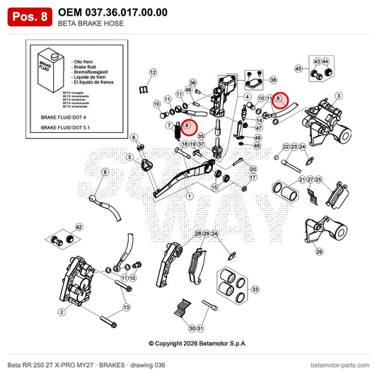 BETA BRAKE HOSE_1 – OEM 037.36.017.00.00, position 8 on the Beta RR 250 2T X-PRO MY27 brakes drawing