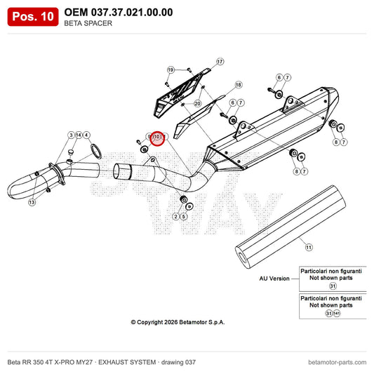 BETA SPACER – OEM 037.37.021.00.00, position 10 on the Beta RR 350 4T X-PRO MY27 exhaust system drawing
