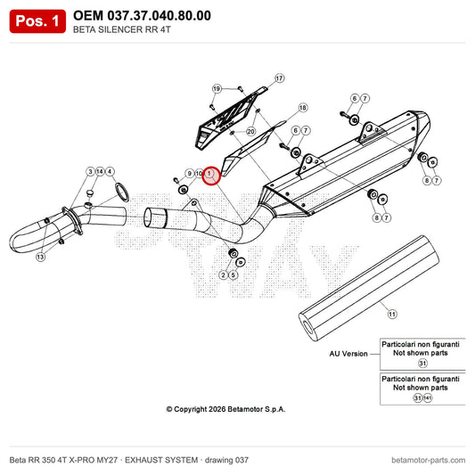 BETA SILENCER RR 4T – OEM 037.37.040.80.00, position 1 on the Beta RR 350 4T X-PRO MY27 exhaust system drawing