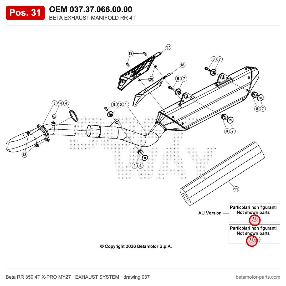 BETA EXHAUST MANIFOLD RR 4T – OEM 037.37.066.00.00, position 31 on the Beta RR 350 4T X-PRO MY27 exhaust system drawing