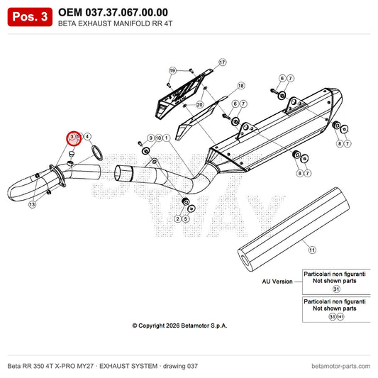 BETA EXHAUST MANIFOLD RR 4T_1 – OEM 037.37.067.00.00, position 3 on the Beta RR 350 4T X-PRO MY27 exhaust system drawing