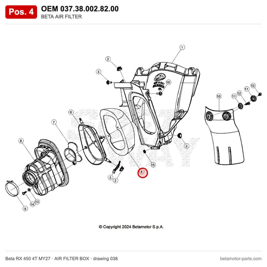 BETA AIR FILTER – OEM 037.38.002.82.00, position 4 on the Beta RX 450 4T MY27 air filter box drawing