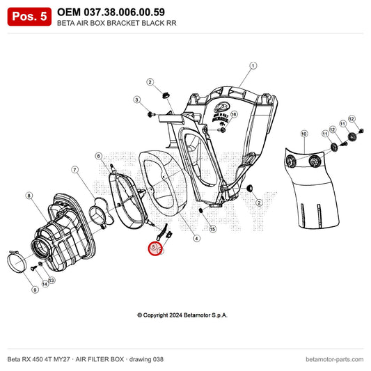 BETA AIR BOX BRACKET BLACK RR – OEM 037.38.006.00.59, position 5 on the Beta RX 450 4T MY27 air filter box drawing