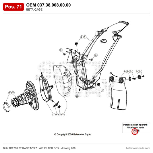 BETA CAGE – OEM 037.38.008.00.00, position 71 on the Beta RR 200 2T RACE MY27 air filter box drawing