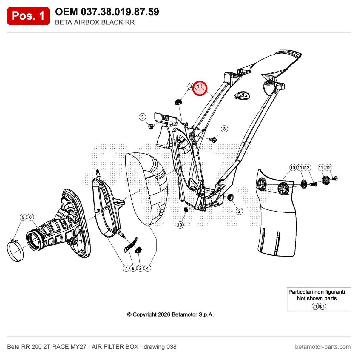 BETA AIRBOX BLACK RR – OEM 037.38.019.87.59, position 1 on the Beta RR 200 2T RACE MY27 air filter box drawing