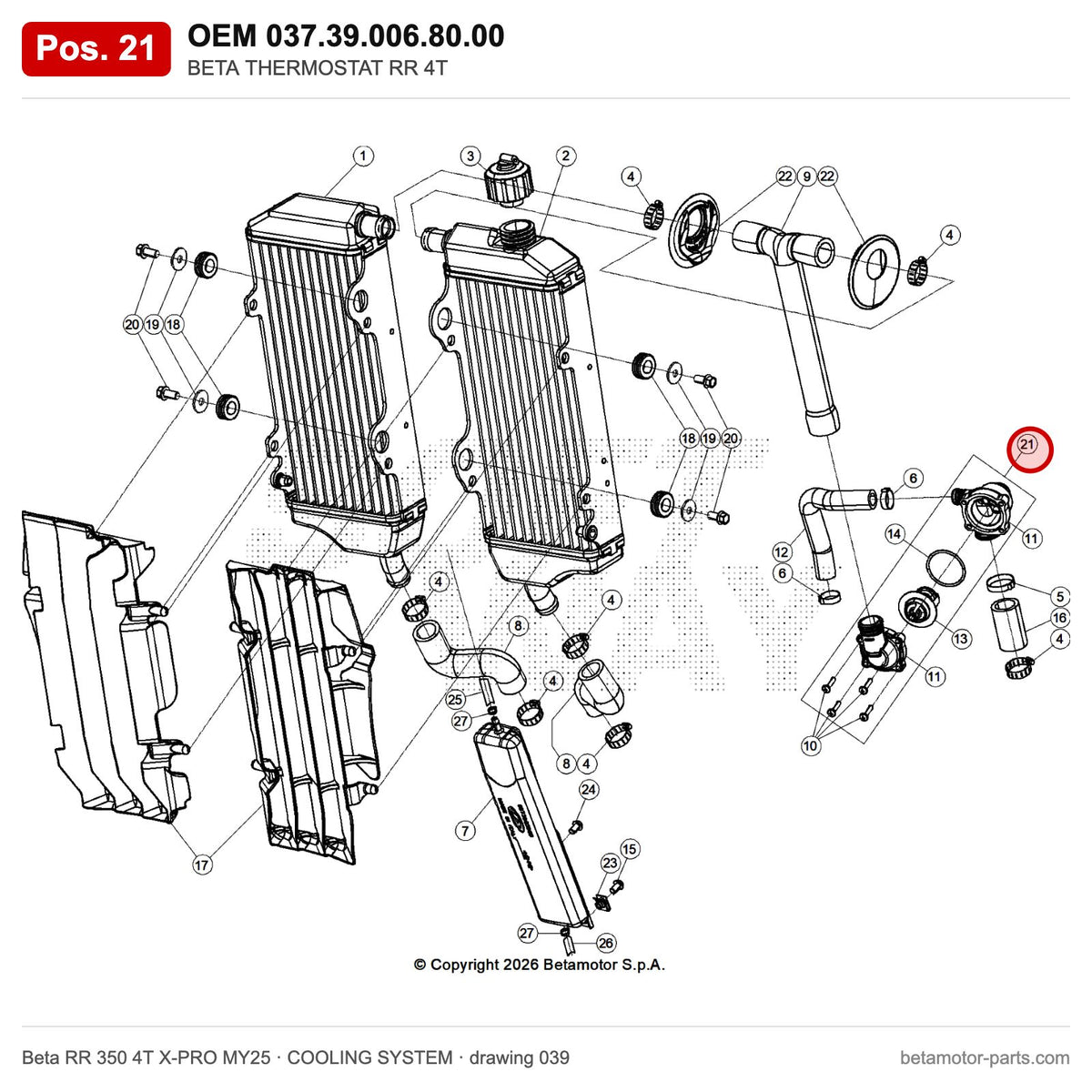 BETA THERMOSTAT RR 4T – OEM 037.39.006.80.00, position 21 on the Beta RR 350 4T X-PRO MY25 cooling system drawing