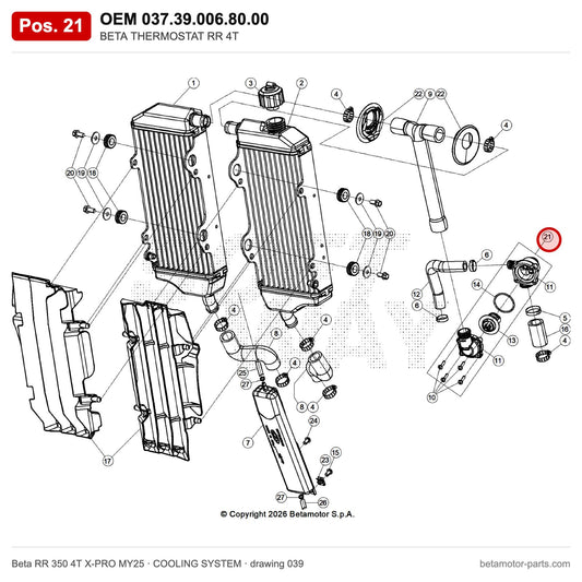 BETA THERMOSTAT RR 4T – OEM 037.39.006.80.00, position 21 on the Beta RR 350 4T X-PRO MY25 cooling system drawing