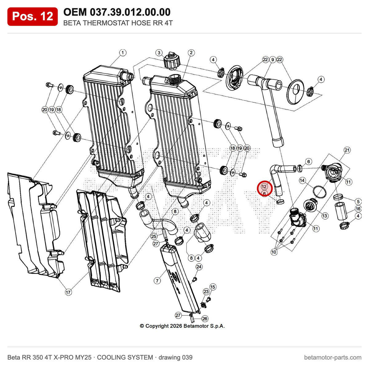 BETA THERMOSTAT HOSE RR 4T – OEM 037.39.012.00.00, position 12 on the Beta RR 350 4T X-PRO MY25 cooling system drawing