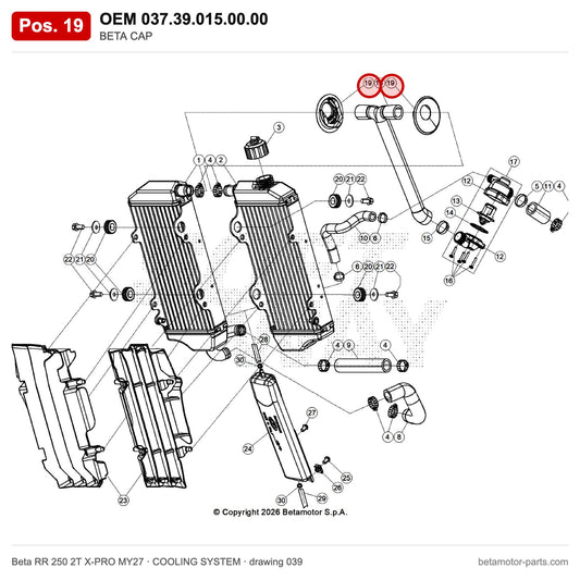 BETA CAP – OEM 037.39.015.00.00, position 19 on the Beta RR 250 2T X-PRO MY27 cooling system drawing