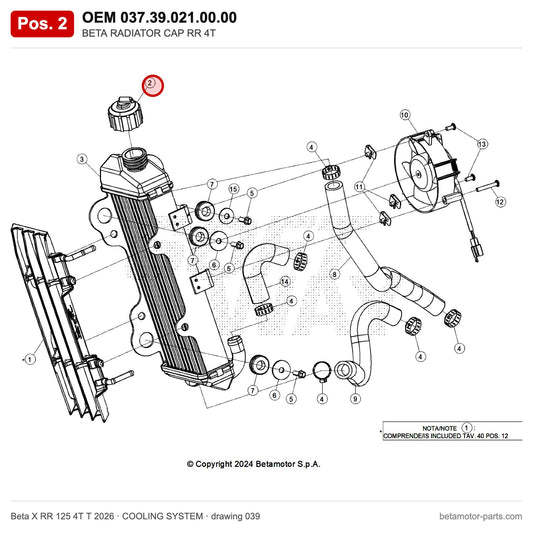 BETA RADIATOR CAP RR 4T – OEM 037.39.021.00.00, position 2 on the Beta X RR 125 4T T 2026 cooling system drawing