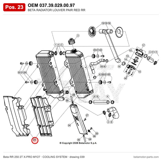 BETA RADIATOR LOUVER PAIR RED RR – OEM 037.39.029.00.97, position 23 on the Beta RR 250 2T X-PRO MY27 cooling system drawing