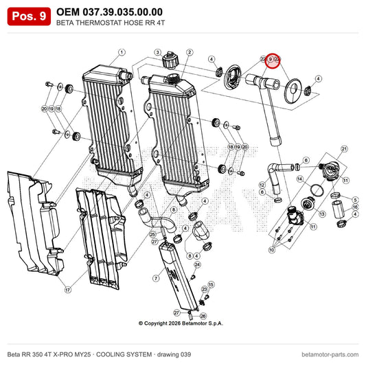 BETA THERMOSTAT HOSE RR 4T – OEM 037.39.035.00.00, position 9 on the Beta RR 350 4T X-PRO MY25 cooling system drawing