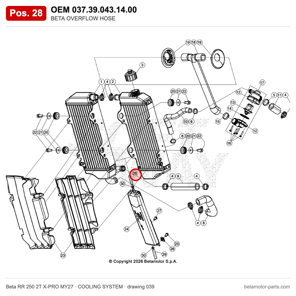 BETA OVERFLOW HOSE – OEM 037.39.043.14.00, position 28 on the Beta RR 250 2T X-PRO MY27 cooling system drawing